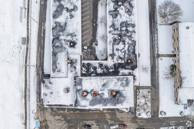 An aerial top-down view of Boston Higashi School in Holbrook, MA.