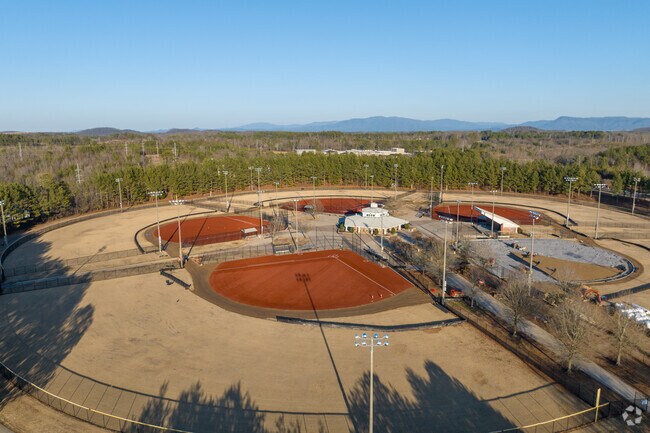 There are at least 8 baseball fields ath Herritage Point Park in Dalton.