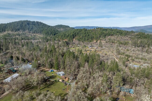 Hills and dense trees surround the Takilma neighborhood.