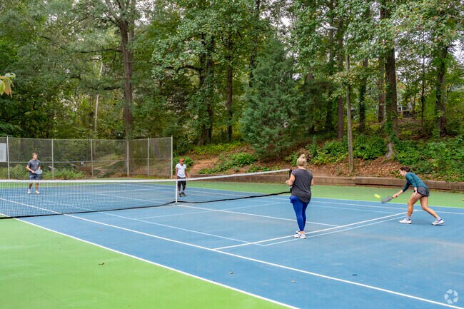 Shamrock Park is a popular area for an exciting game of pickleball with beautiful surroundings.