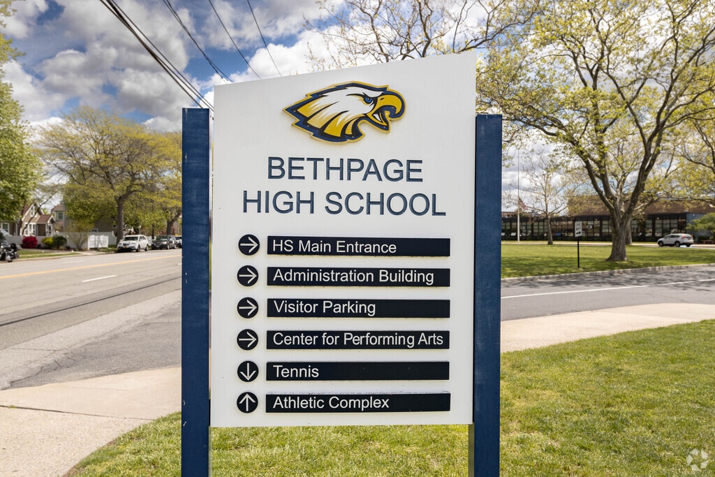 Signage offers directions to the Bethpage, NY senior high school.