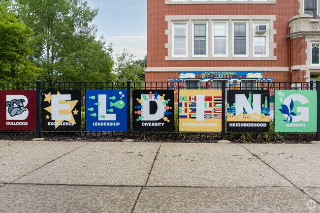 Art on the fences at Belding Elementary in the Old Irving Park neighborhood.