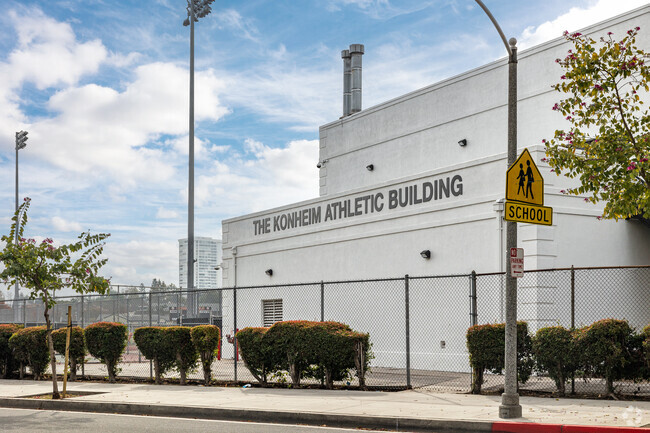 Athletics is key at Beverly Hills High School, featuring the Konheim Athletic Building.
