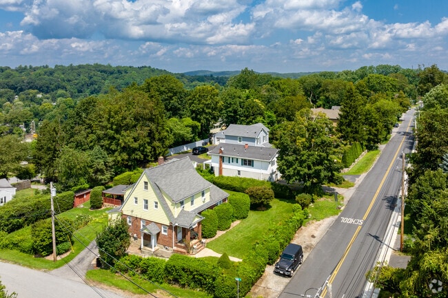 Aerial looking North over the quiet suburbs of Bedford Hills.