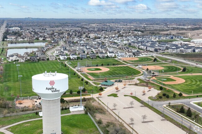 Apple Valley's water tower overlooks Quarry Park's baseball and soccer fields.