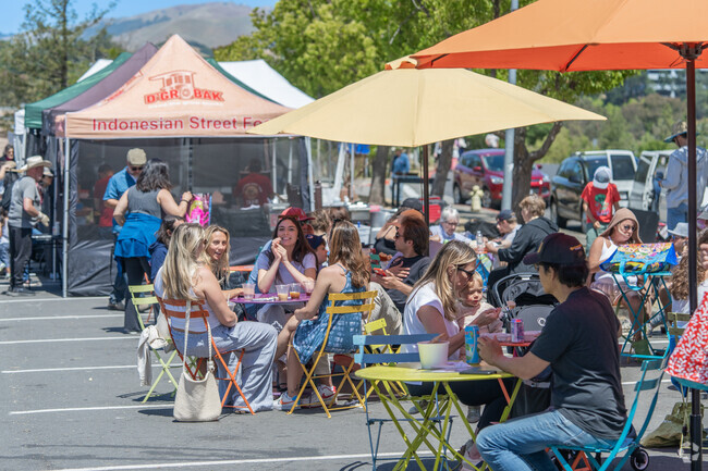 Covered tables are available to enjoy a meal at Marin Farmer's Market.