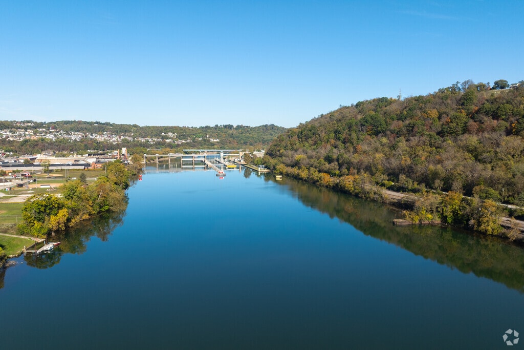 The Monongahela River borders Charleroi with scenic waterfront views.