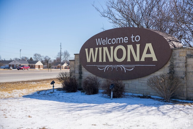 Signs welcome visitors to Winona along Highway 14.