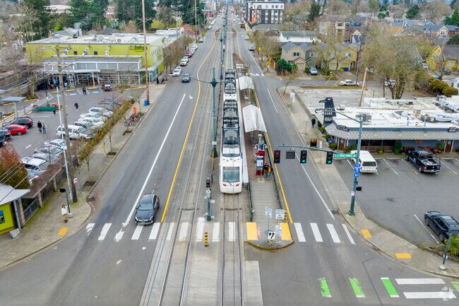 MAX Yellow Line Train zoomed out shot of the road in Arbor Lodge, Oregon.