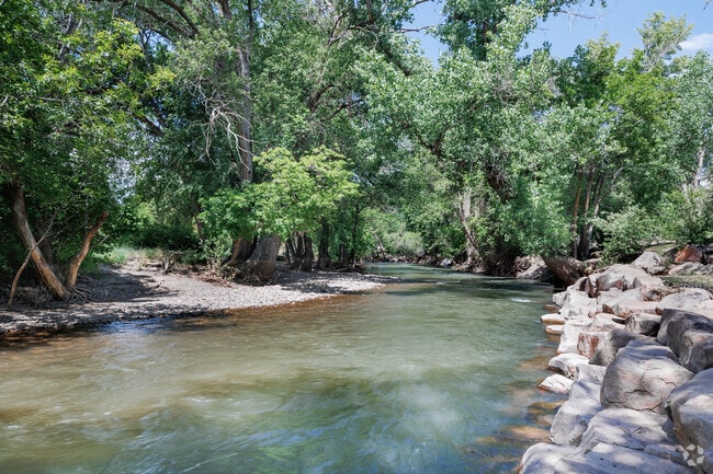 A river rushes in-between mature trees at High Adventure Park in Downtown Ogden.