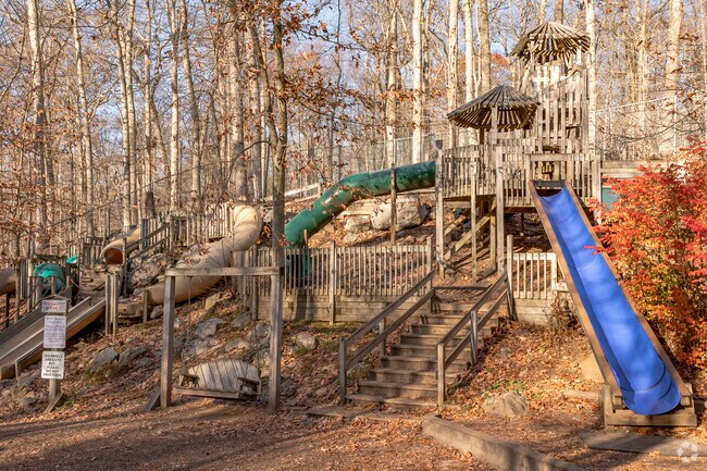 The legendary playground at the Stamford Nature Center has a lot of climbing and fast slides.