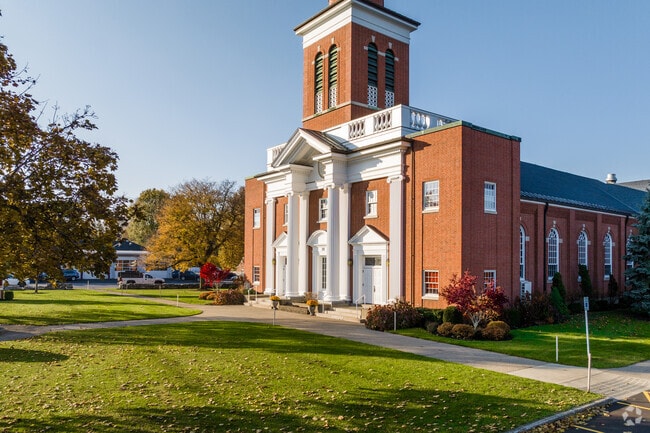 Harris Hill features beautiful architecture in the neighborhood like this brick chapel.
