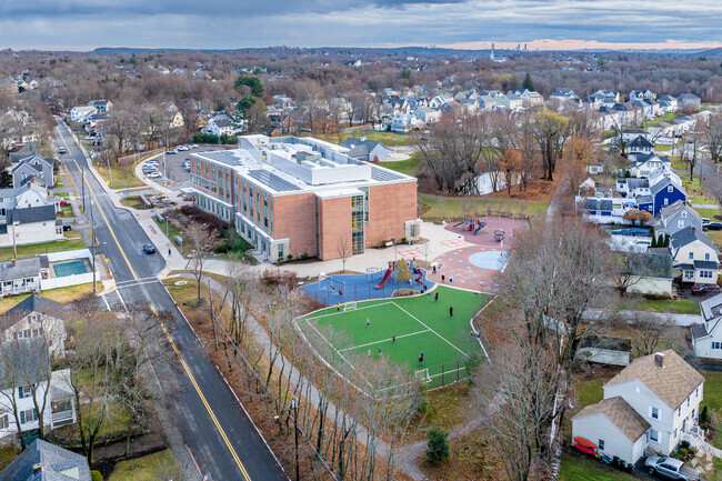 The play fields and paths connecting Hurld Elementary School in Woburn, MA.