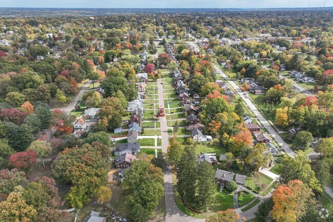Aerial of Idora showing houses shaded with trees.
