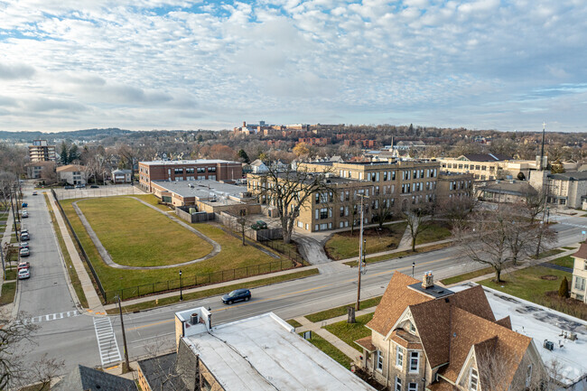 An aerial view of Les Paul Middle School.