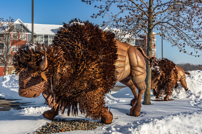 Bison sculptures adorn the commercial district in Otsego.