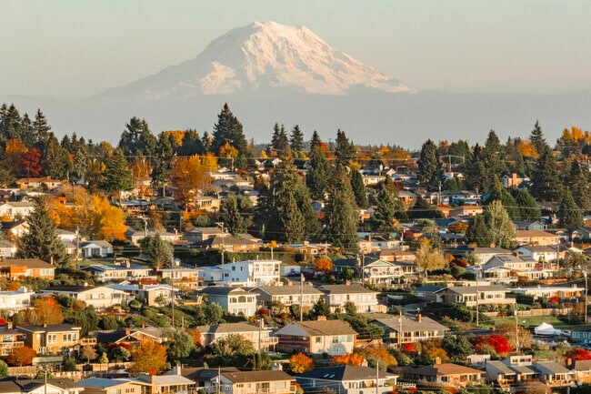 Homes along the Tacoma Narrows Bridge line the coast with Mount Rainier in the distance.