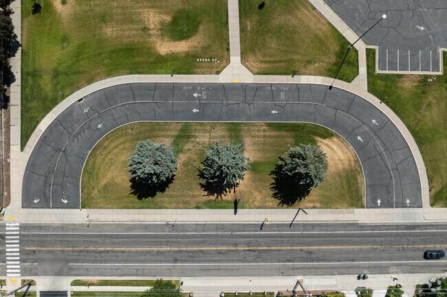 Lawns surround the drop off area at Hunter Elementary School.