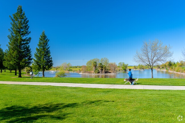 Joggers and dog walkers enjoy the scenery at North Natomas Regional Park.
