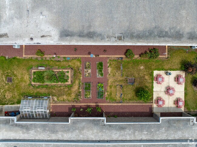 Aerial view of courtyard student garden at Pine Brook Elementary.