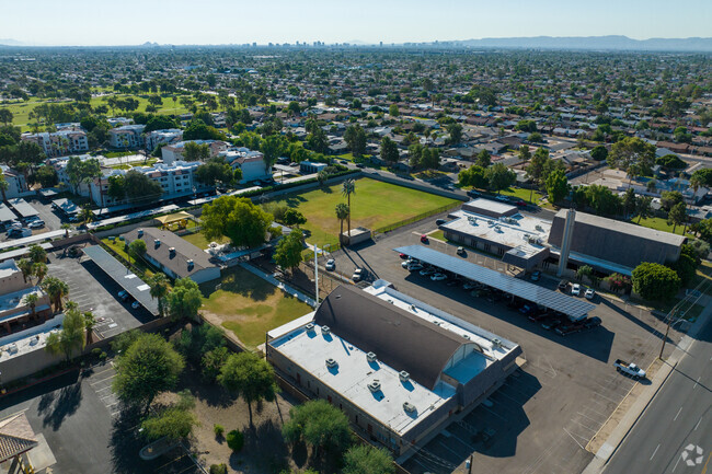 Here is a view of the downtown Phoenix, AZ area with a church and other buiildings.