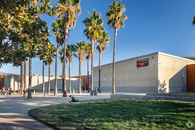 Tall palm trees grow at the entrance to North Mountain Middle School in San Jacinto.