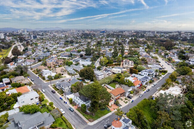 An elevated view of Middletown shows the tidy neighborhood streets and lush landscapes.