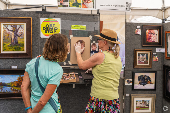 A resident stops at an art demo during the Deer Park Art Show near Hawthorn Woods.