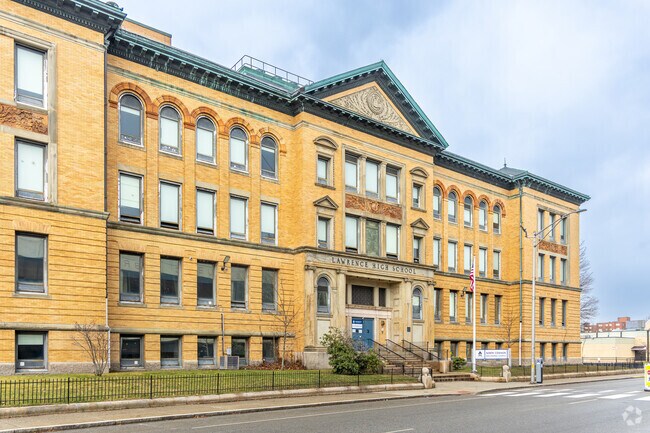 The main entrance to the historic Lawrence High School in Lawrence, MA.