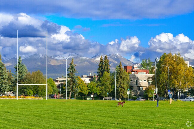 Delaney Park spans thirteen blocks and hosts sports fields and seasonal events.