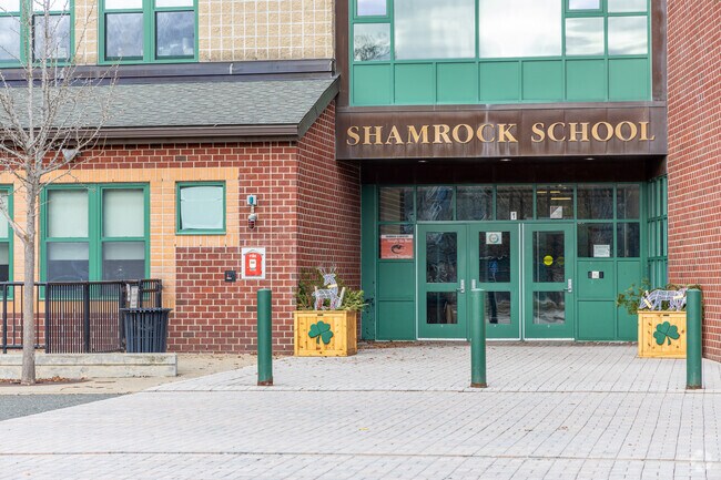 The main entrance to the Shamrock Elementary School in Woburn, MA.