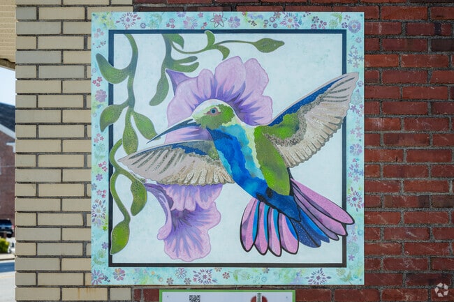 A colorful hummingbird mural located in downtown Pickens, SC.