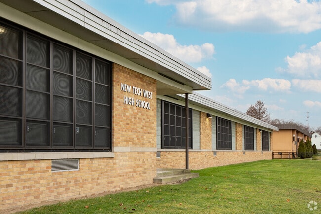 New Tech West school's name gleams proudly on the building.
