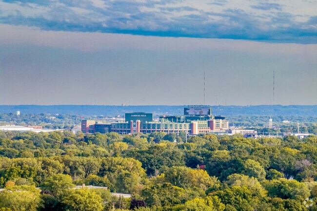 Lambeau Field fills the skyline view from John Muir Park.
