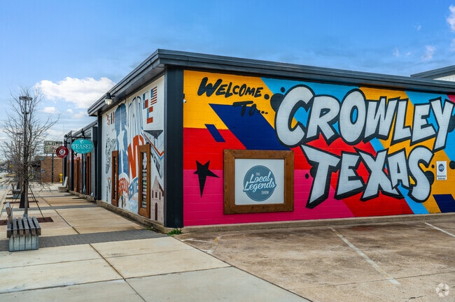 Welcome sign greets visitors entering Crowley from Chisholm Trail Parkway.