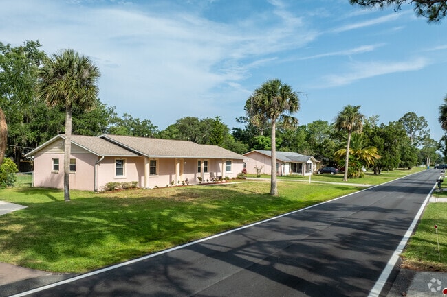 Florida Shores homes features mature palm trees and well maintained landscaping.