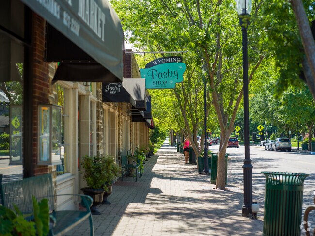 Wide sidewalks and light slow traffic