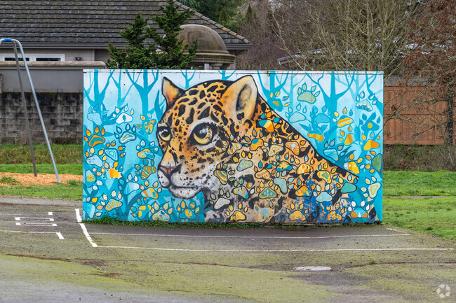 Gilham Elementary School has a colorful mural near the playground in Eugene, Oregon.