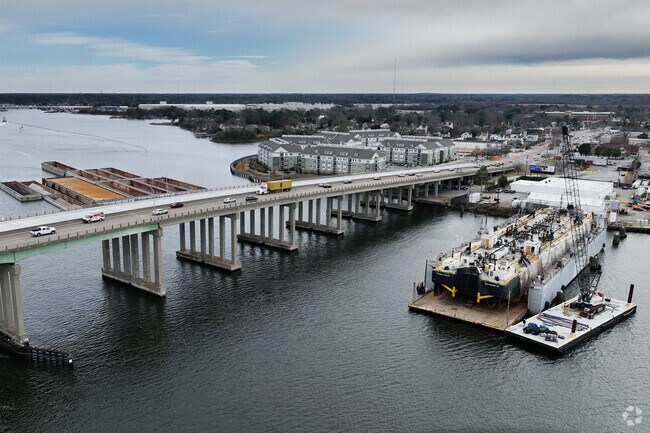 Campostella Bridge spans Norfolk’s waterways, offering views of the shipyard industry.