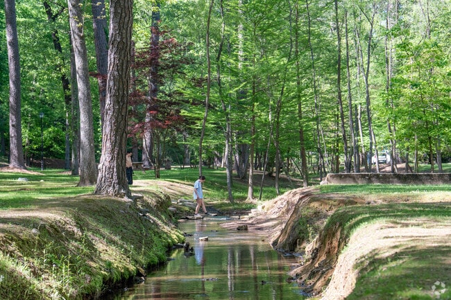 Cross the creak on the stepping stones at Gamble Park in Jasper.