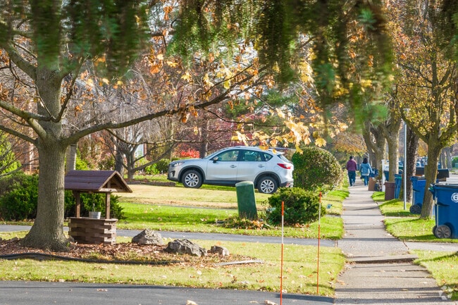 A woman walks along the sidewalk in East Amherst.