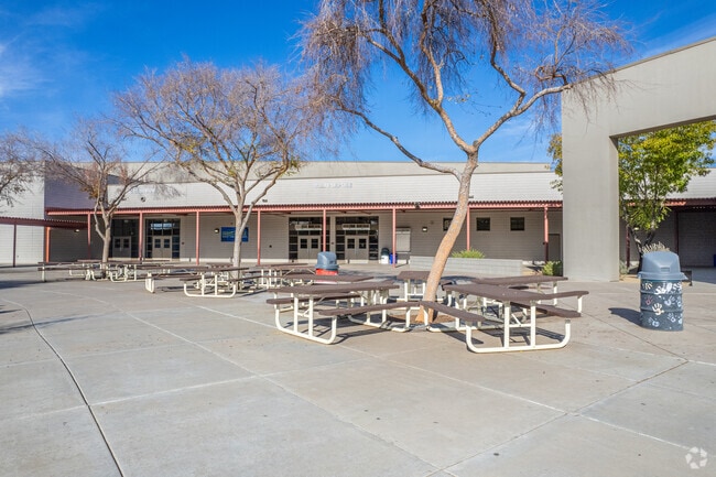 Tables for outdoor eating at Apache Elementary School in Glendale.