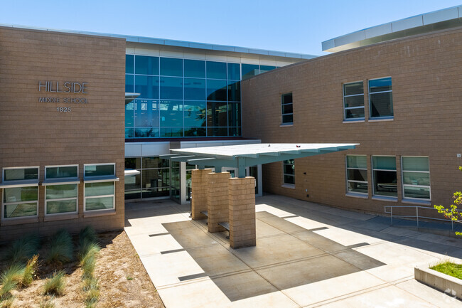 A brick and glass entrance at Hillside Middle School.