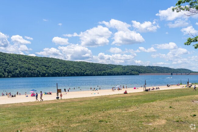 The beach at Beltzville State Park is a popular place on summer weekends.