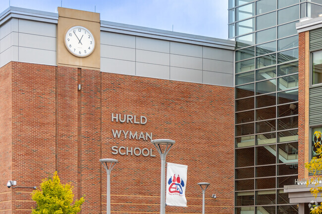 A detailed view of the The Hurld Elementary School stairway and signage.
