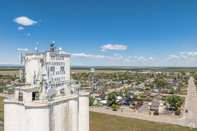 Smack dab in the middle of Bennett is the Roggen Farmers Elevator Association's grain facility.