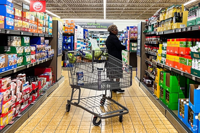 Aldi Supermarket has aisles filled with food and household essentials in Ewing, NJ.