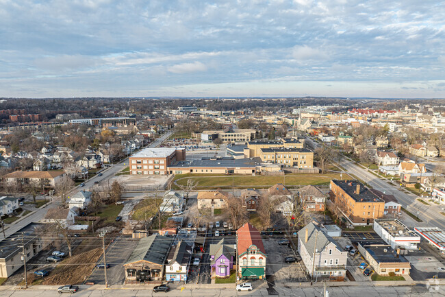 An aerial view of Les Paul Middle School.