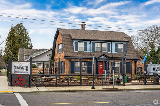 This barn shaped building, in Dallas, is the home of Red Clover Public House Restaurant.