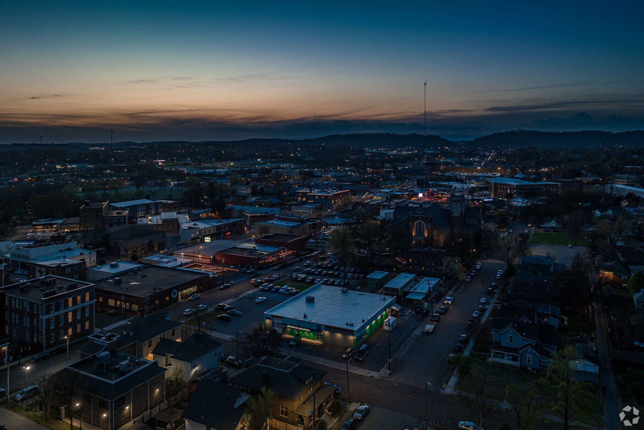 After Sunset the neighborhood of Fourth & Gill lights up and shines brightly.